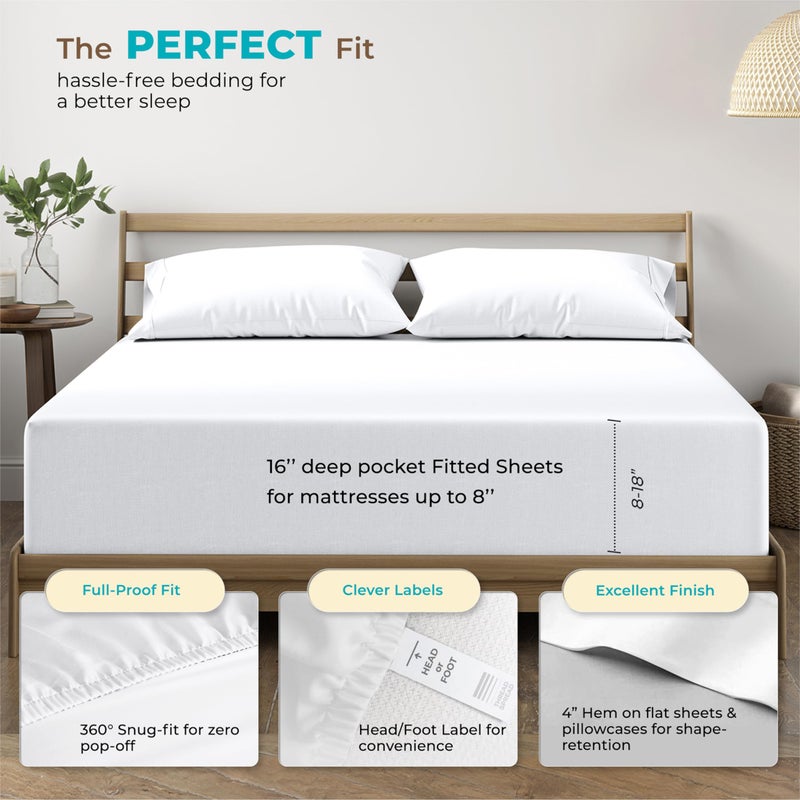 THREAD SPREAD 100% قطن مصري نقي بحجم كاليفورنيا كينغ - 800 عدد خيوط 4 قطع ملاءات فاخرة بيضاء بحجم كال كينغ، جيب عميق 16 بوصة ملاءات فندقية، نسج ساتين، ناعمة جداً وباردة - Image 4